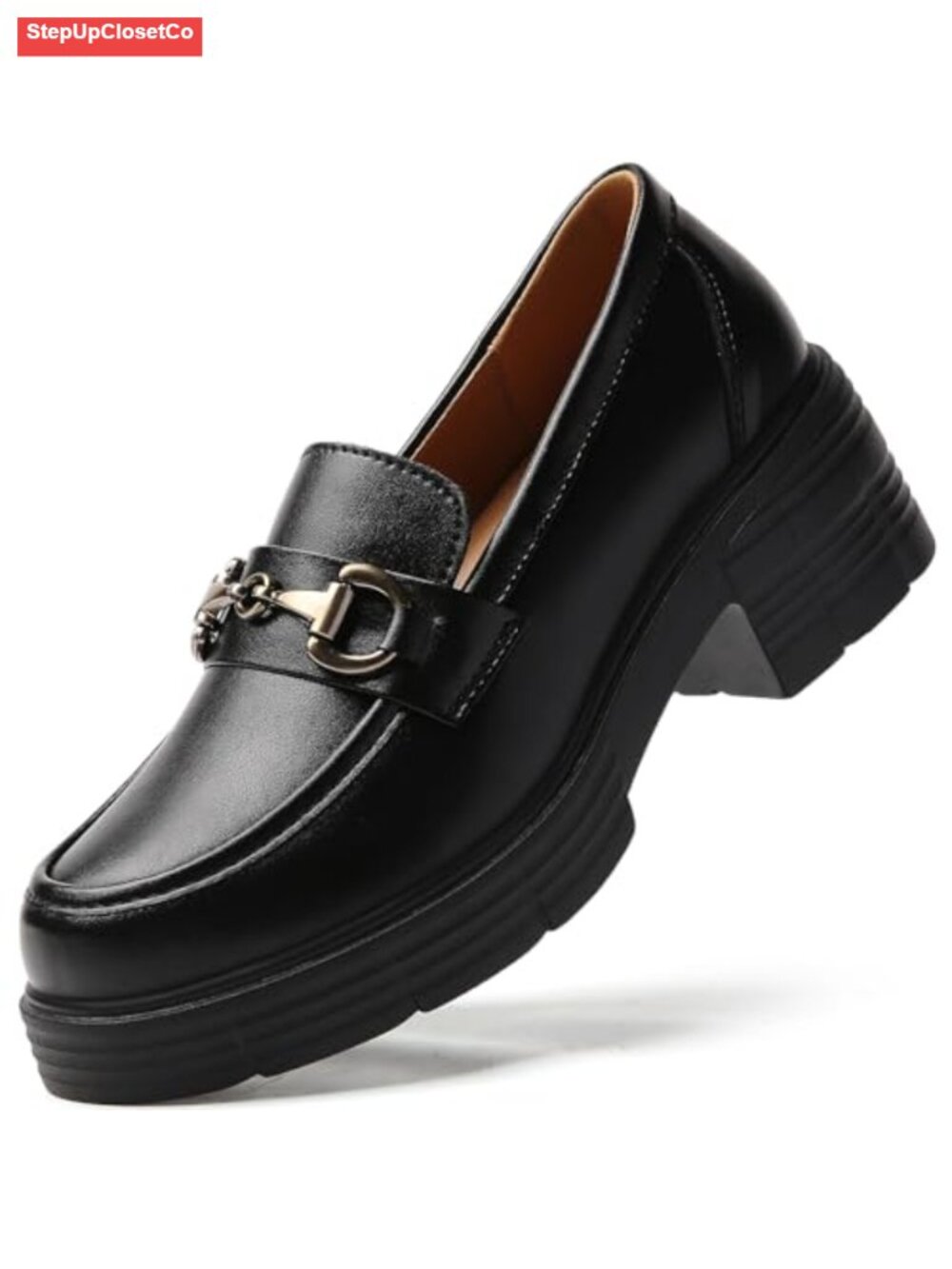 Women Chunky Platform Lug Sole Slip On Penny Loafers Gold Buckle Retro